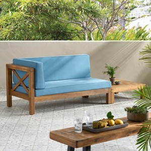 GDFStudio Keith Outdoor Acacia Wood Left Arm Loveseat and Coffee Table Set with Cushion - 1 of 4