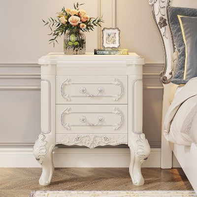 Cream White Carved Wood Nightstand with Silver Accents and 2 Drawers