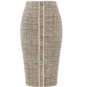 Hobemty Women's Tweed High Waist Button Decor Knee Length Pencil Skirts - 1 of 4