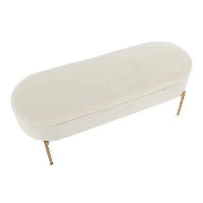 48" Chloe White Velvet Upholstered Storage Bench with Gold Base