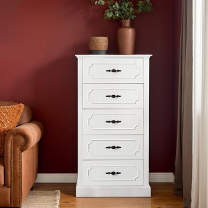 VANIRROR 23.6 x 43.5Inch 5 Drawer Dresser, Farmhouse Wooden Storage Cabinet with Vintage Black Handles, Stylish Bedroom Chest of Drawers White - 1 of 4