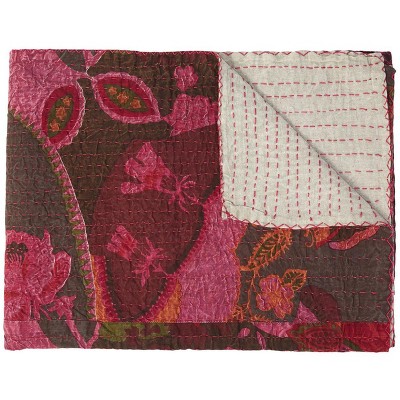 HomeRoots 50" X 70" Pink And Red Floral Cotton Quilted Kantha Throw Blanket with Embroidery
