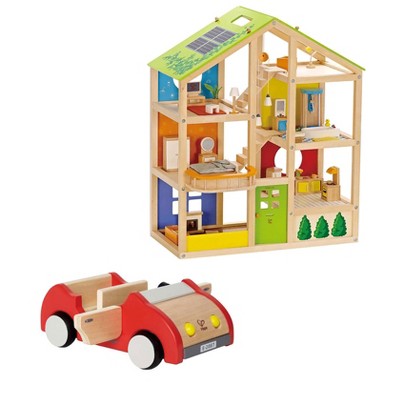 Hape All Season 6 Room Furnished Kids Childrens Preschool Dollhouse Bundle with Wooden Family Play Toy Car Push Vehicle Accessory