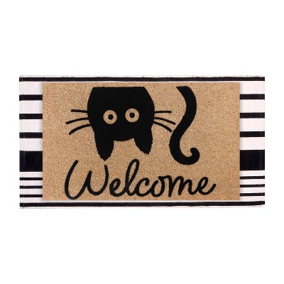 cat welcome with striped rug