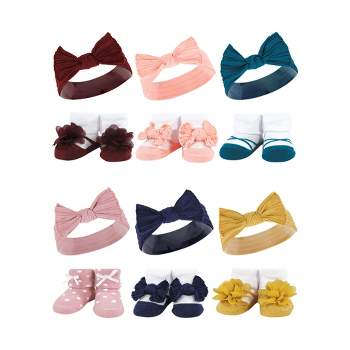 Hudson Baby Infant Girl 12Pc Headband and Socks Giftset, Burgundy Teal Blush Navy, One Size