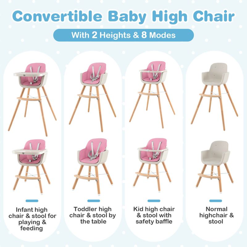 Babyjoy 3 in 1 Convertible Wooden High Chair Toddler Feeding Chair with Cushion Gray/Beige/Yellow/Pink/Dark Grey/Black, 5 of 11