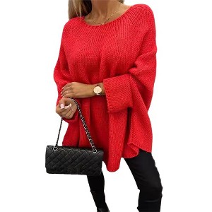 Women Oversized Sweaters Casual Crewneck  Loose Fit Solid Batwing Long Sleeve Knitted Pullover Tops - 1 of 3