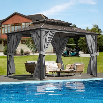 10'x13' hardtop gazebo with double polycarbonate roof, aluminum frame, net, and curtain; ideal for patio, deck, backyard, and garden. Gray.