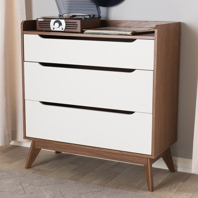 Mid-Century Modern White and Walnut Wood 3-Drawer Chest