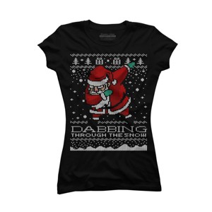 Junior's Design By Humans Dabbing Through The Snow Santa Shirt Ugly Christmas Sweater By vomaria T-Shirt - 1 of 3