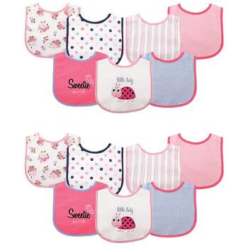 Luvable Friends Infant Girl Cotton Terry Drooler Bibs with PEVA Back, Ladybug 14-Piece