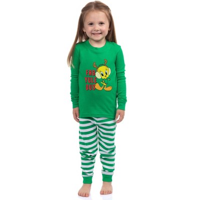 Looney Tunes Bugs Bunny, Lola Bunny, Tweety Bird, Tazmanian Devil Christmas Tight Fit Family Pajama Set Green