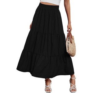 Clearlove Women Midi Skirt with Pockets Elastic High Waist A Line Lace Tiered Skirt - 1 of 4