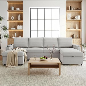 Polibi U-Shaped Convertible Sectional Sofa with Storage Chaise Lounges, USB Ports, Cup Holders & Pull-Out Bed - 1 of 4