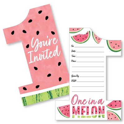 Big Dot of Happiness 1st Birthday One in a Melon - Shaped Fill-In Invitations - Fruit First Birthday Party Invitation Cards with Envelopes - Set of 12