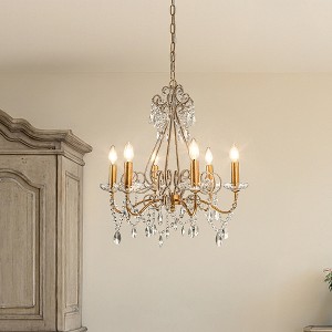 ALOADECOR Antique Gold Classic Candlestick Chandelier Mid-century French Style Pendant Light with Crystal Teardrop Beads - 1 of 4