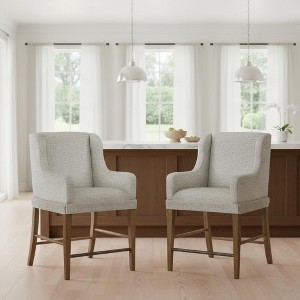 Upholstered Counter Stool Set of 2, Almond Finish with Hickory Veneers, Soft Polyester Fabric, Metal Stretcher, Web Seating Support - 1 of 4