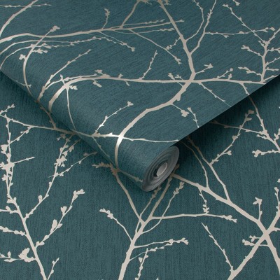 Green and Gold Vinyl Textured Floral Wallpaper Roll