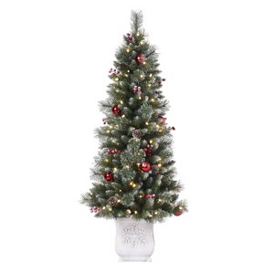 Haute Décor 4.5' Pre-lit Frosted Ithica Pine Potted Artificial Christmas Tree with White LED Lights: Faux Berries, Pinecones, Glitter - 1 of 4