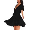 Clearlove Womens Skater Dresses V Neck Short Sleeve Tie Waist Solid Ruffle Boho Flowy Swing Mini Dress - 3 of 3