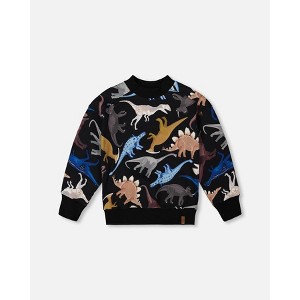 Deux par Deux Boy Pullover Fleece Sweatshirt Black Dinosaur Print - 1 of 4