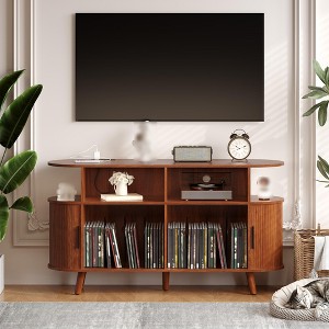 55" Vinyl Record Storage Cabinet & Turntable Stand - Holds 300+ Records, Wood Media Console w/Open Shelves, Media Console for Living Room/Home Office - 1 of 4