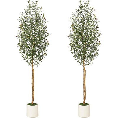 Artificial Olive Trees, Tall Faux Olive Trees with Natural Wood Trunks & Lifelike Fruits, Fake Tree with White Planter for Home Decor