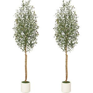 Artificial Olive Trees, Tall Faux Olive Trees with Natural Wood Trunks & Lifelike Fruits, Fake Tree with White Planter for Home Decor - 1 of 4