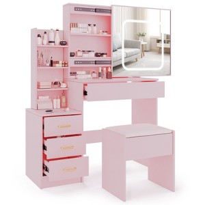 Vanity Desk with Mirror, Makeup Vanity Desk with Sliding Lighted Mirror, Power Outlet, Dressing Table with 4 Drawers, Storage Shelves & Stool - 1 of 4