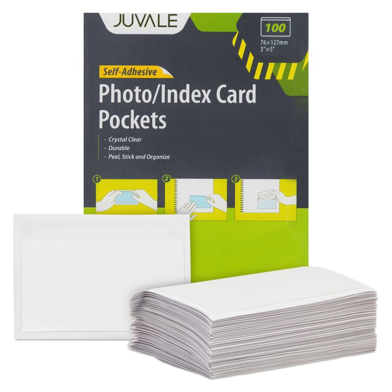Juvale 100 Pack Clear Pockets Sleeves for Index Cards 3x5, Bulk Self-Adhesive Top Load Label, Plastic Holder Protectors for Office Storage Supplies, 1 of 10