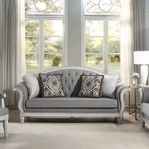 88 Florian Sofa Gray Fabric And Antique White Finish Acme Furniture Leather Upholstery Wood Frame Includes Accent Pillow Target