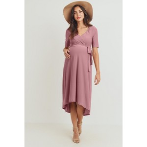 Hello Miz Women's Hi-Low Short Sleeve V Neck Maternity Wrap Dress with Belt - 1 of 4