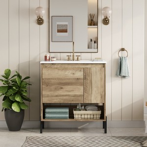 YOOCOZZ ﻿ 30" Wood Fixture Bathroom Vanity with Ceramic Basin Sink,Sliding Drawer,Doors and Open Shelf-Natural Wood - 1 of 4