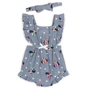 Disney Minnie Mouse Baby Girls Square Neck Chambray Romper and Headband Newborn to Infant - 1 of 4