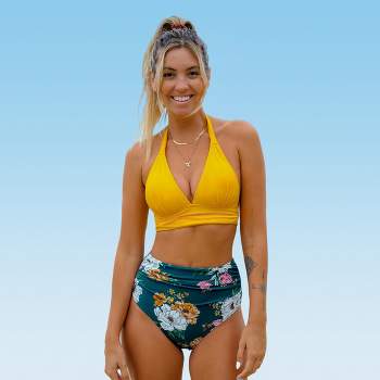 Women's Push Up Bright Yellow Tummy Control Bikini Blue Floral High Waist  Pants Swimsuit Elegant Beachwear - Two-piece Suits - AliExpress