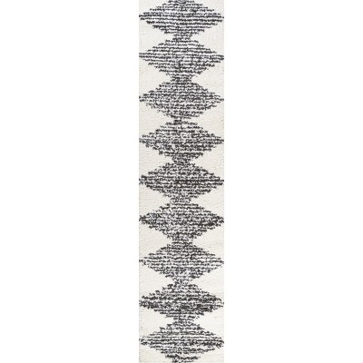 Elm Diamond Stripe Black and White Shag Runner Rug
