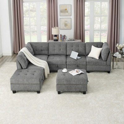 L shape Modular Sectional Sofa�DIY Combination�includes Three Single Chair �Two Corner and Two Ottoman�Grey Chenille