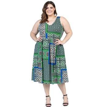 24seven Comfort Apparel Plus Size Midi Length Green Scarf Print Sleeveless Pleated Pocket Dress