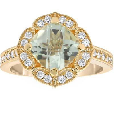 Pompeii3 4 1/2Ct Green Amerthyst Cushion & Diamond Ring in 10k Yellow Gold