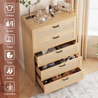 5 Drawer Rattan Dresser for Bedroom, 47.27” Tall Dresser with Power Outlets, Wood Dresser Chest of Drawers for Living Room Closet Hallway Entryway