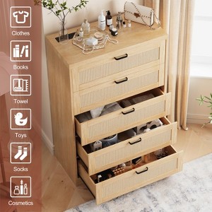 5 Drawer Rattan Dresser for Bedroom, 47.27” Tall Dresser with Power Outlets, Wood Dresser Chest of Drawers for Living Room Closet Hallway Entryway - 1 of 4