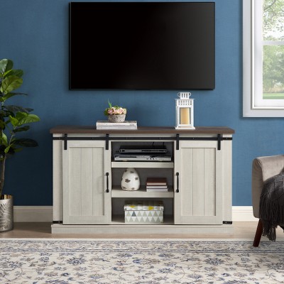 TIRAMISUBEST Farmhouse TV Stand - 60" Media Console with Sliding Barn Doors & Open Storage | Light Gray Transitional Entertainment Center