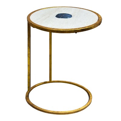 The Urban Port 20" Round Side End Table White Marble Top with Blue Agate Stone Inlay Gold Foil Finish Iron Frame White/Gold