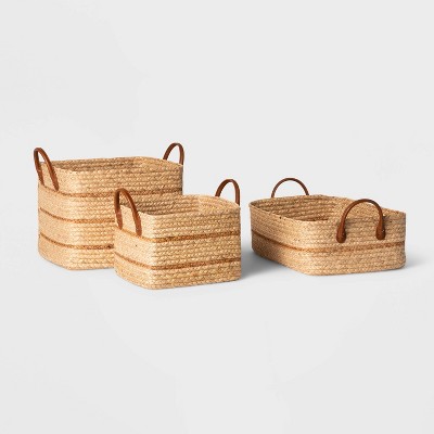 Natural Braided Water Hyacinth Rectangular Storage Basket with Faux Leather Handles