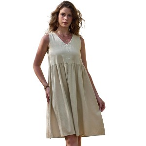 INSPIRE CHIC Women's Linen Sleeveless Summer V Neck Button Down Pleated Midi Dress - 1 of 4