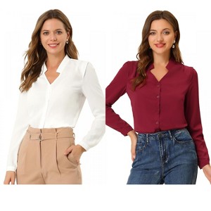 INSPIRE CHIC Women's Elegant V Neck Work Office Button Up Shirt 2 Packs - 1 of 4