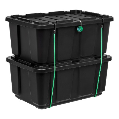 Heavy-Duty Black Plastic Stackable Storage Bins with Lids, 27 Gallon