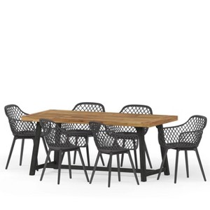 Christopher Knight Home Patrice Outdoor Acacia Wood and Resin 7 Piece Dining Set, Black/Sandblasted Teak - 1 of 4