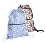 Zodaca 2 Pack Cinch Sack Drawstring Backpack for Beach Trips, Water Resistant Gym Bag with Front Zipper Pockets for Yoga, 13 x 17 inch, Animal Print