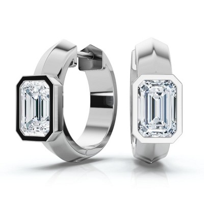 Pompeii3 1Ct Emerald Cut Brava Bezel Diamond Hoops 5/8" Huggies 14k Gold Lab Created